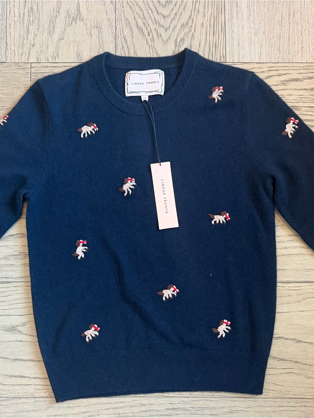 NWT Lingua Franca Horse Motif 100% Cashmere Crewneck Sweater Navy XS